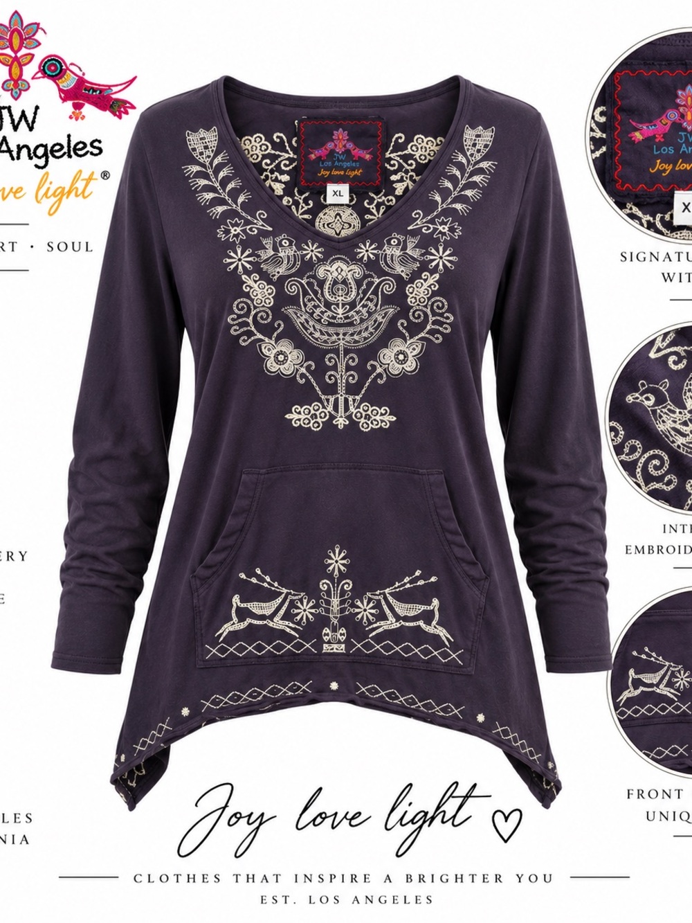 Johnny Was JW Los Angeles Joy Love Light CL Deep Purple Embroided Boho Folk Art